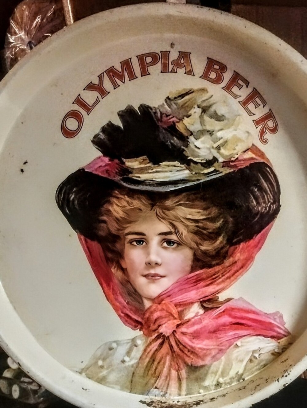 Vintage Olympia Beer Metal Serving Tray Gibson Girl Pink Scarf Barware Decor